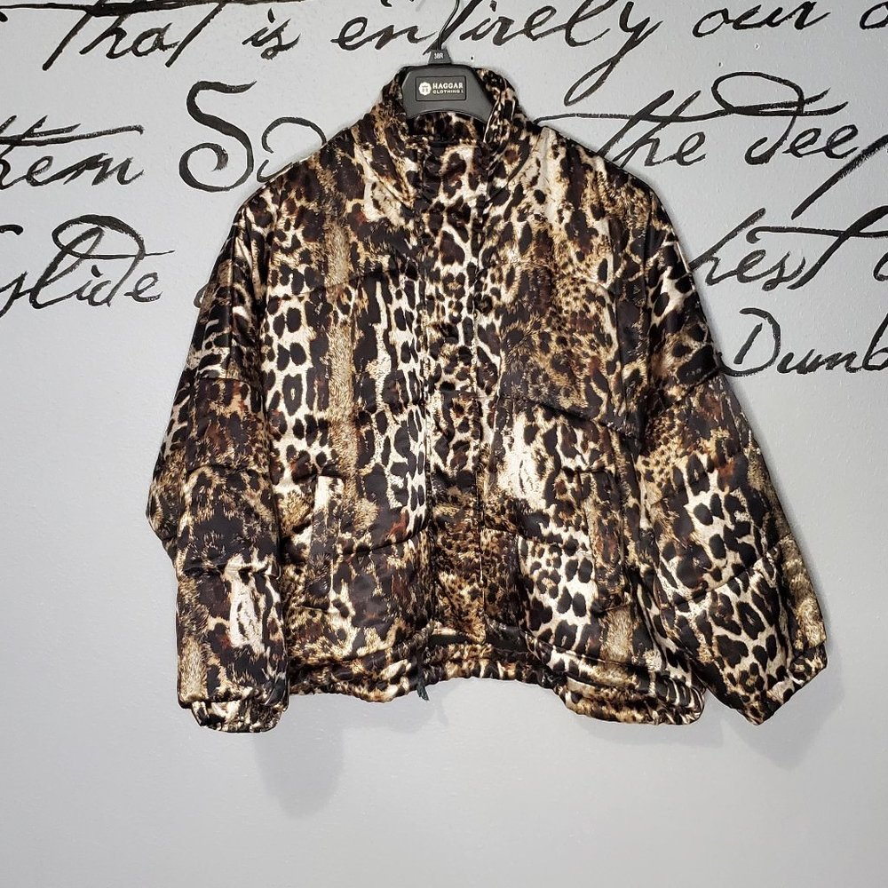 Cousin Earl 'Cooper' Leopard Puffer Satin Jacket, L